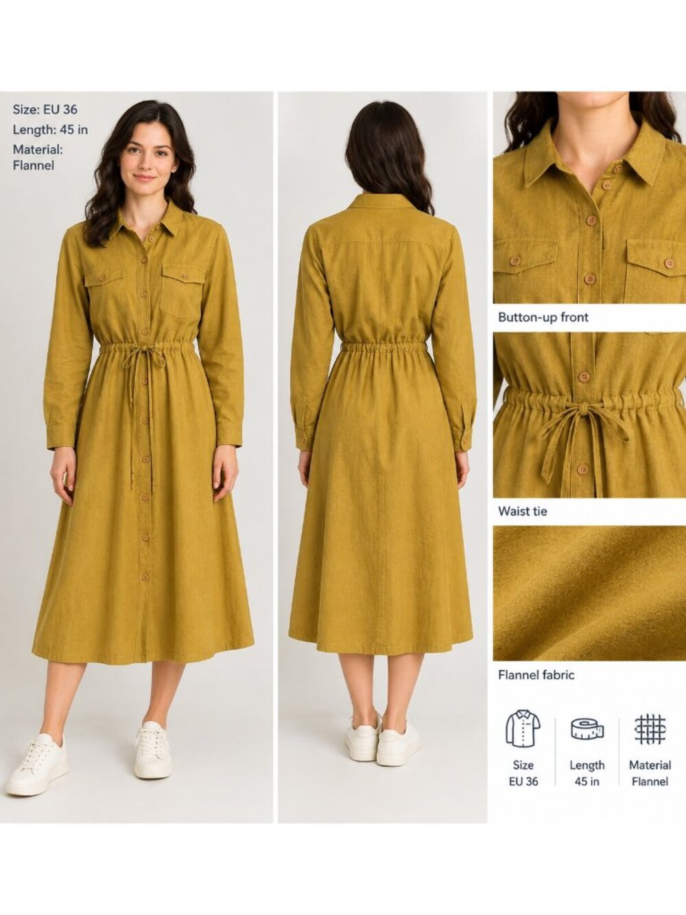 The Tiny Big Sister Women Shirt Dress Midi Mustard Flannel Cotton Pockets 36 (S)